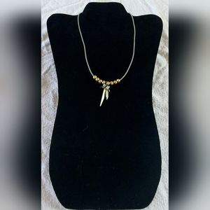New Handmade Gold Pearl & Feather Charm & Sage Leather Necklace